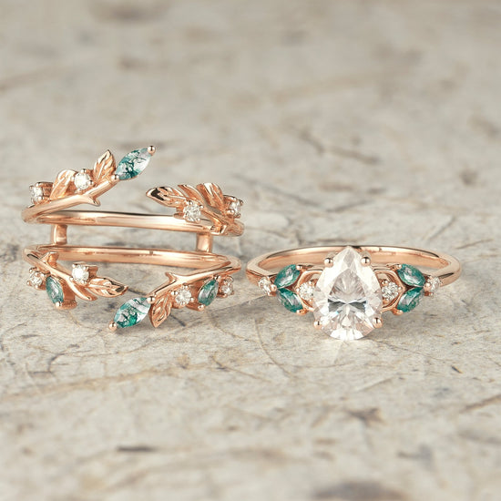 Nesting Design Moissanite & Moss Agate Ring Set 2pcs - Vespera - GemsMagic