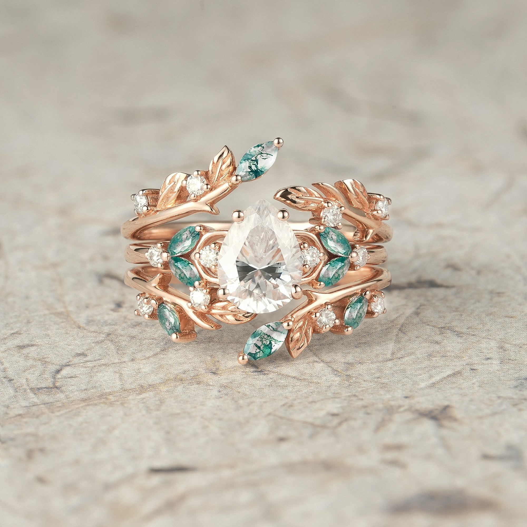 Nesting Design Moissanite & Moss Agate Ring Set 2pcs - Vespera - GemsMagic