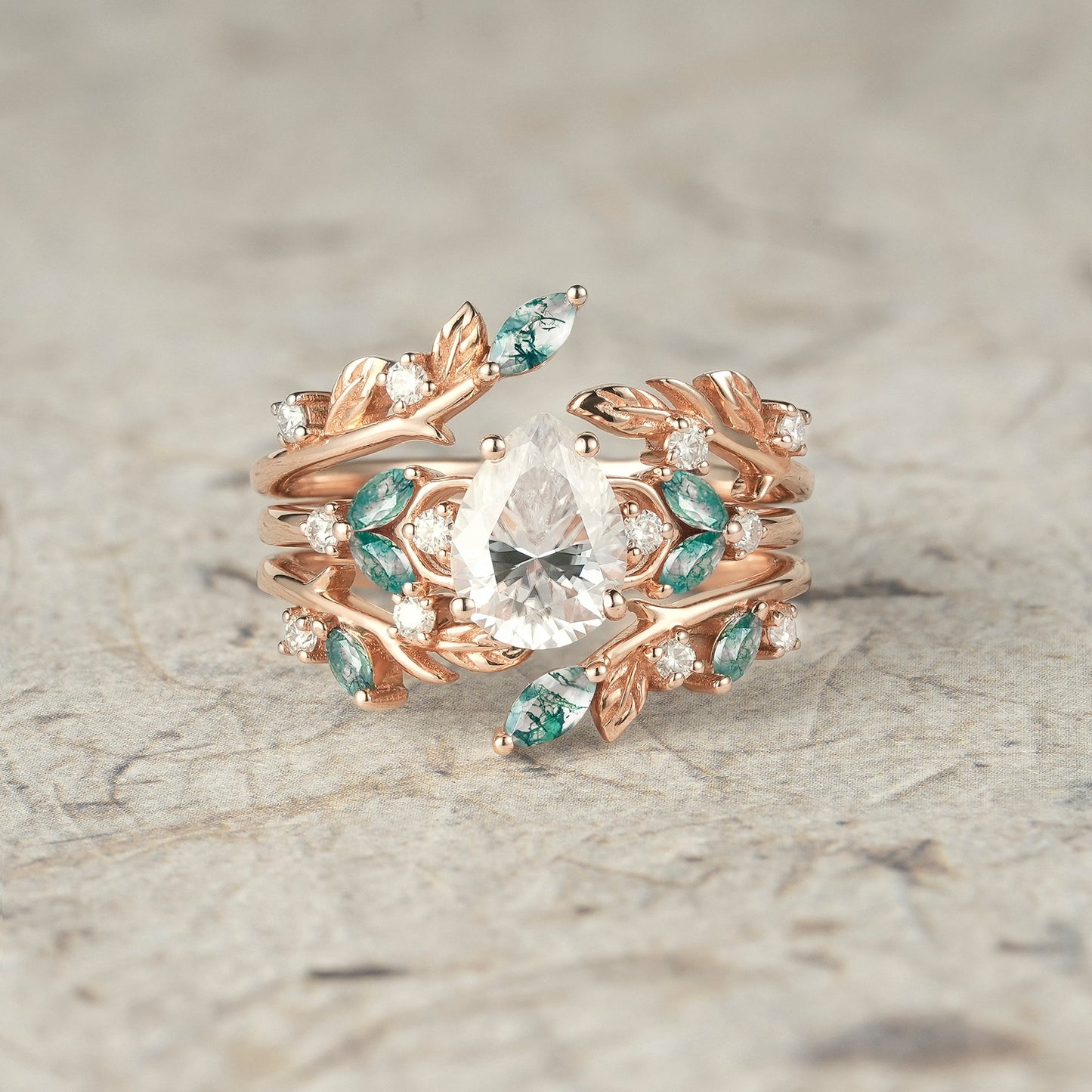 Nesting Design Moissanite & Moss Agate Ring Set 2pcs - Vespera - GemsMagic