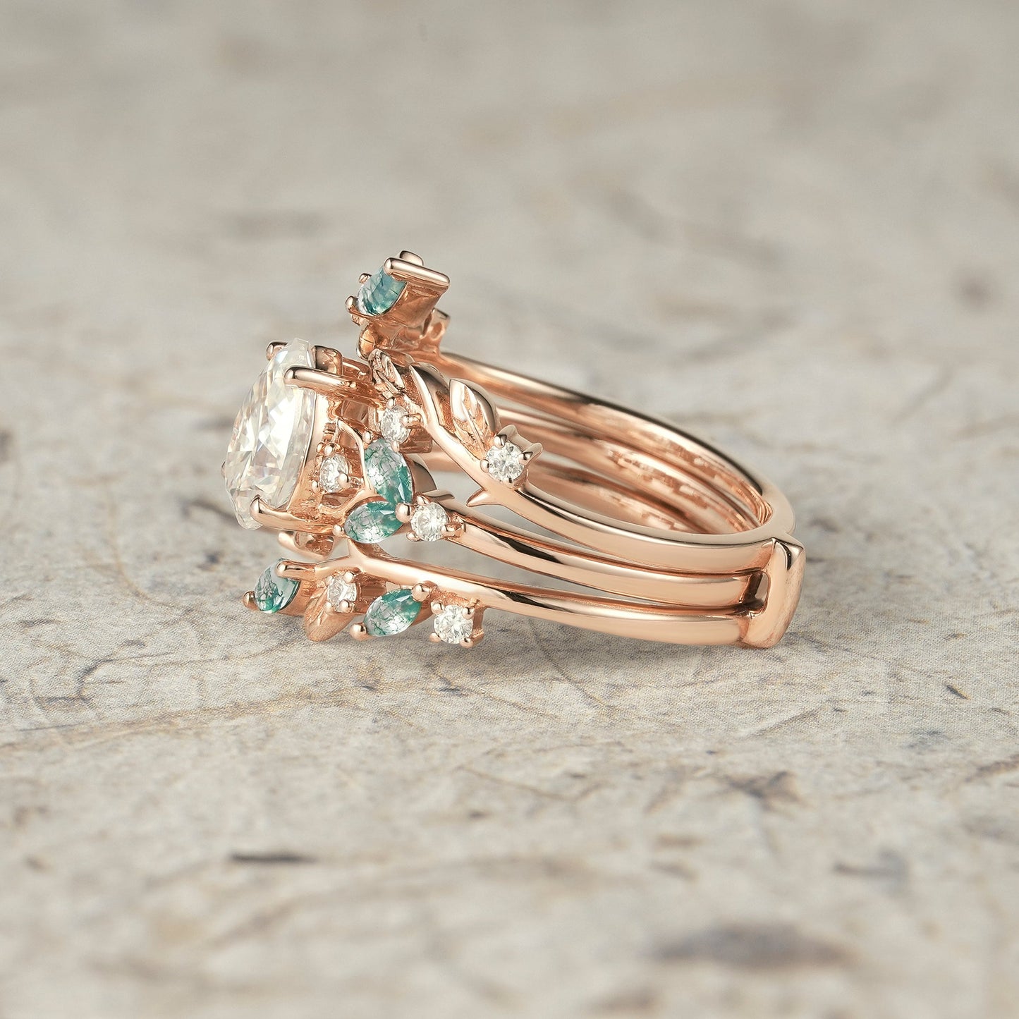 Nesting Design Moissanite & Moss Agate Ring Set 2pcs - Vespera - GemsMagic