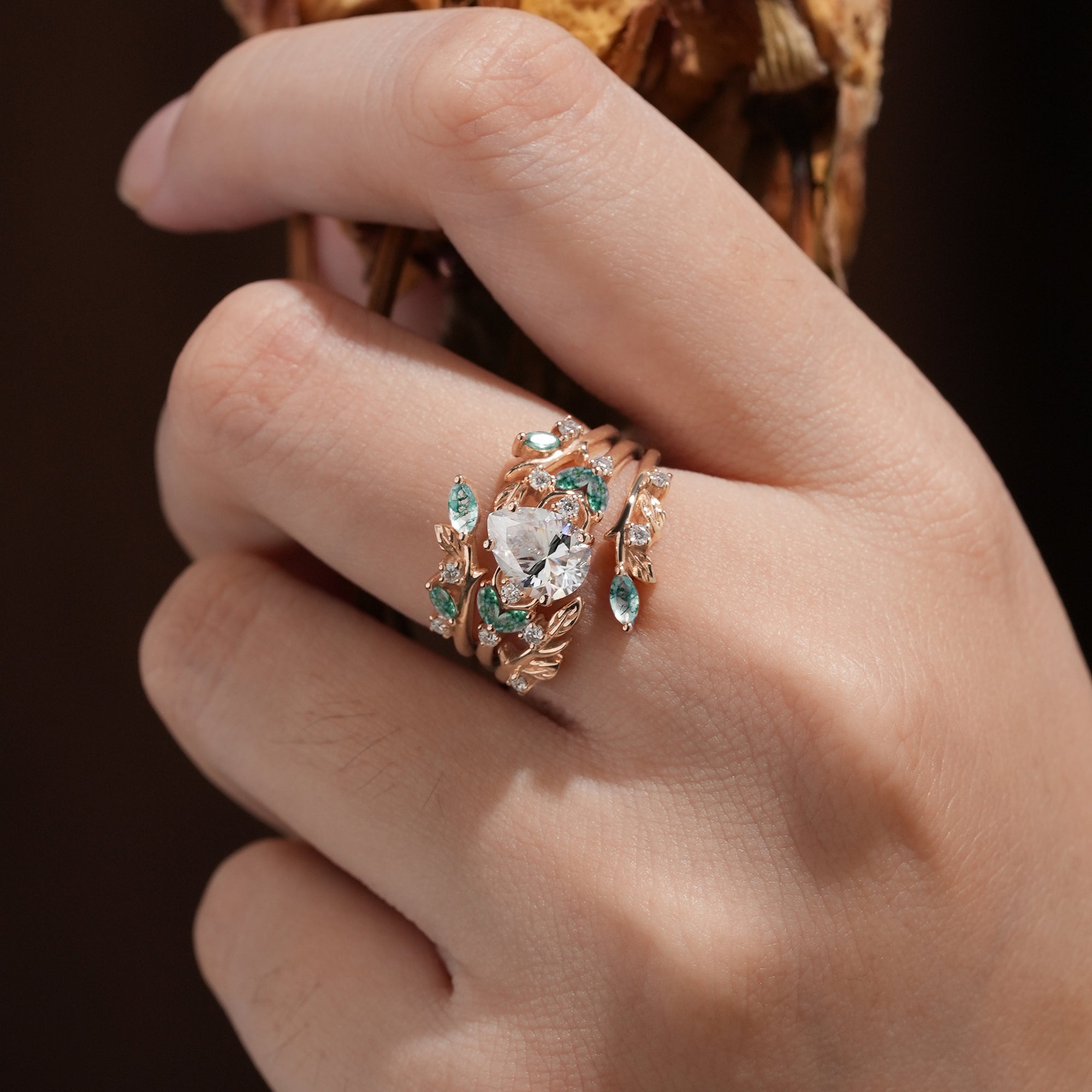 Nesting Design Moissanite & Moss Agate Ring Set 2pcs - Vespera - GemsMagic