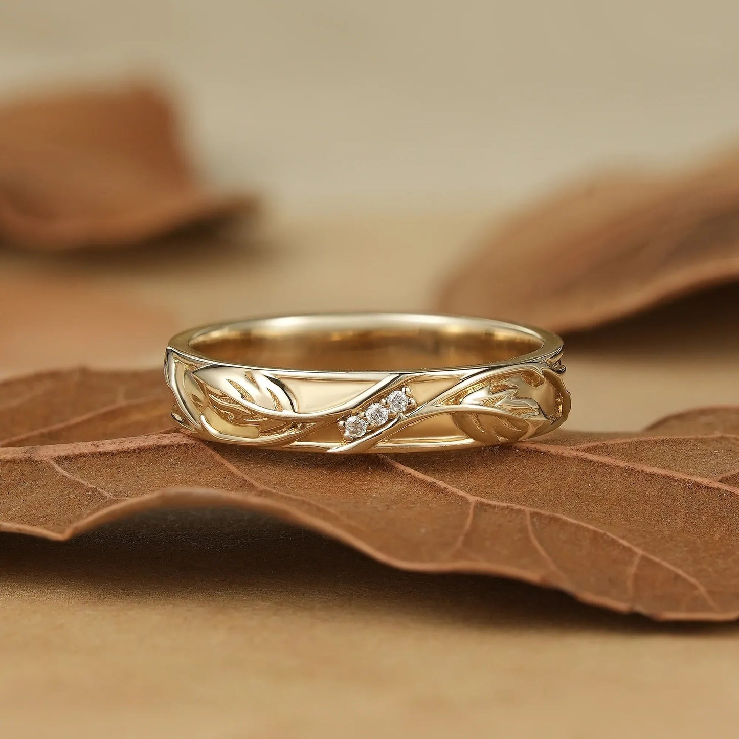 Oak Leaf Inspired Men's Band with Moissanite - Xander - GemsMagic