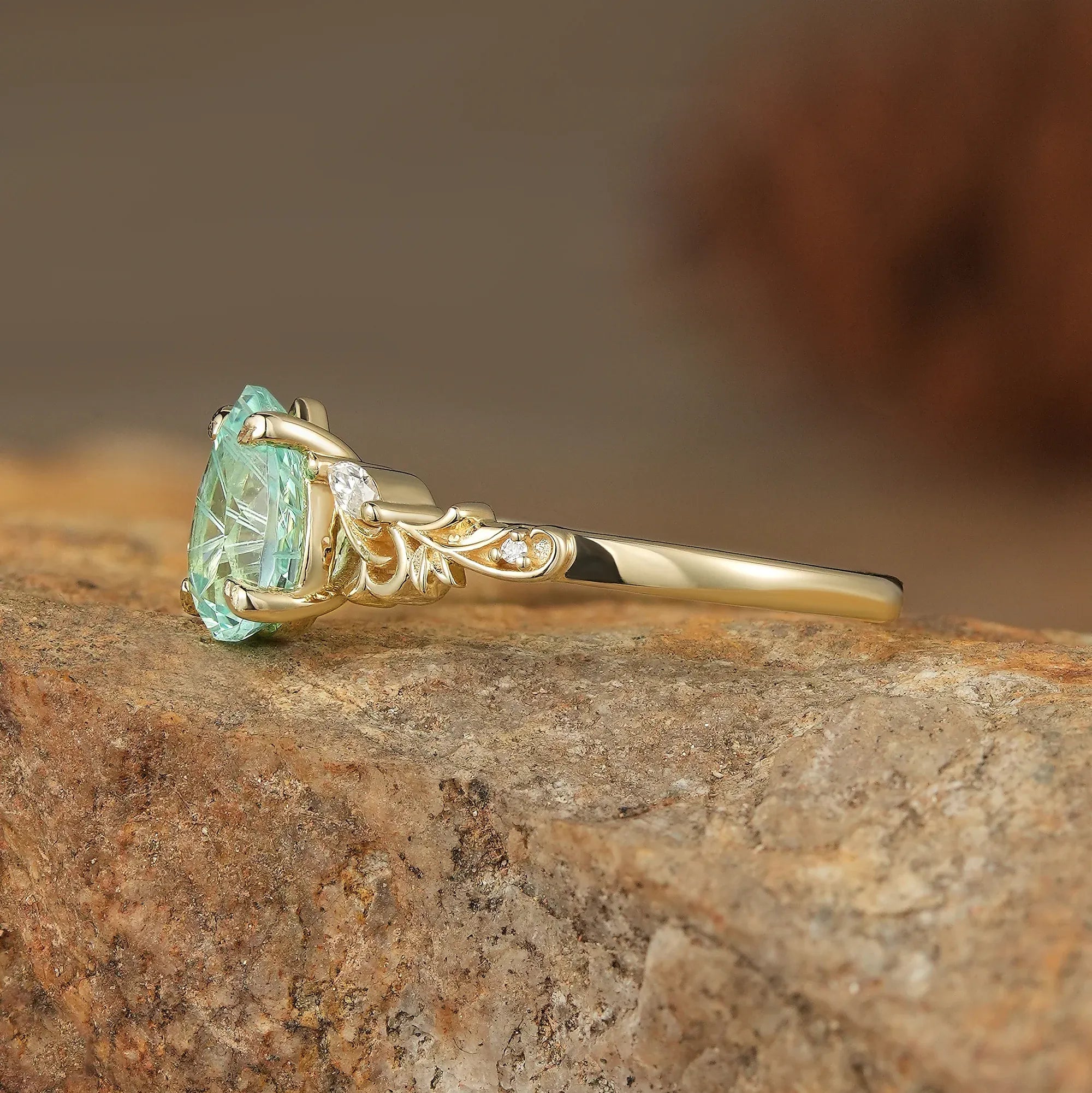 Olive Branch Inspired Sparkle Cut Green Sapphire Engagement Ring - Rene - GemsMagic