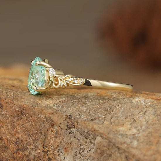 Olive Branch Inspired Sparkle Cut Green Sapphire Engagement Ring - Rene - GemsMagic