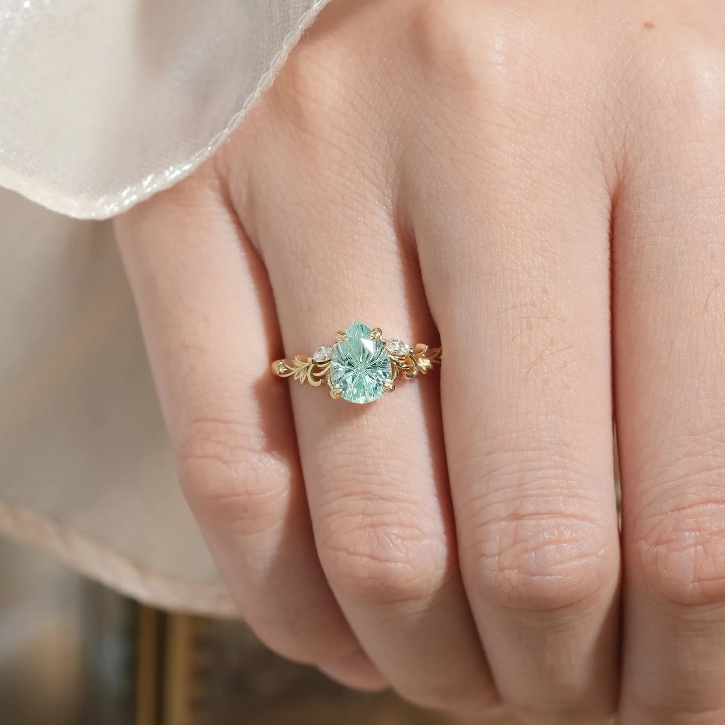Olive Branch Inspired Sparkle Cut Green Sapphire Engagement Ring - Rene - GemsMagic