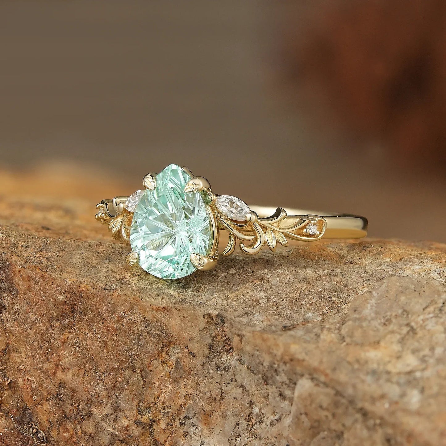 Olive Branch Inspired Sparkle Cut Green Sapphire Engagement Ring - Rene - GemsMagic