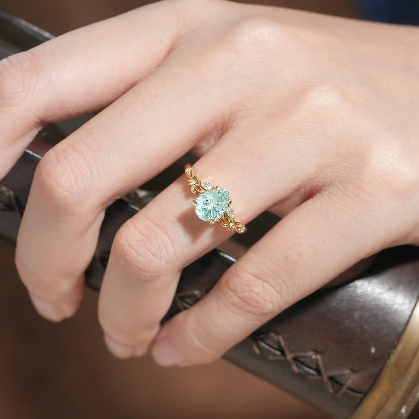 Olive Branch Inspired Sparkle Cut Green Sapphire Engagement Ring - Rene - GemsMagic