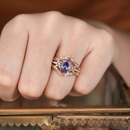 Oval Alexandrite Rose Design Moissanite Ring Set - Maris - GemsMagic