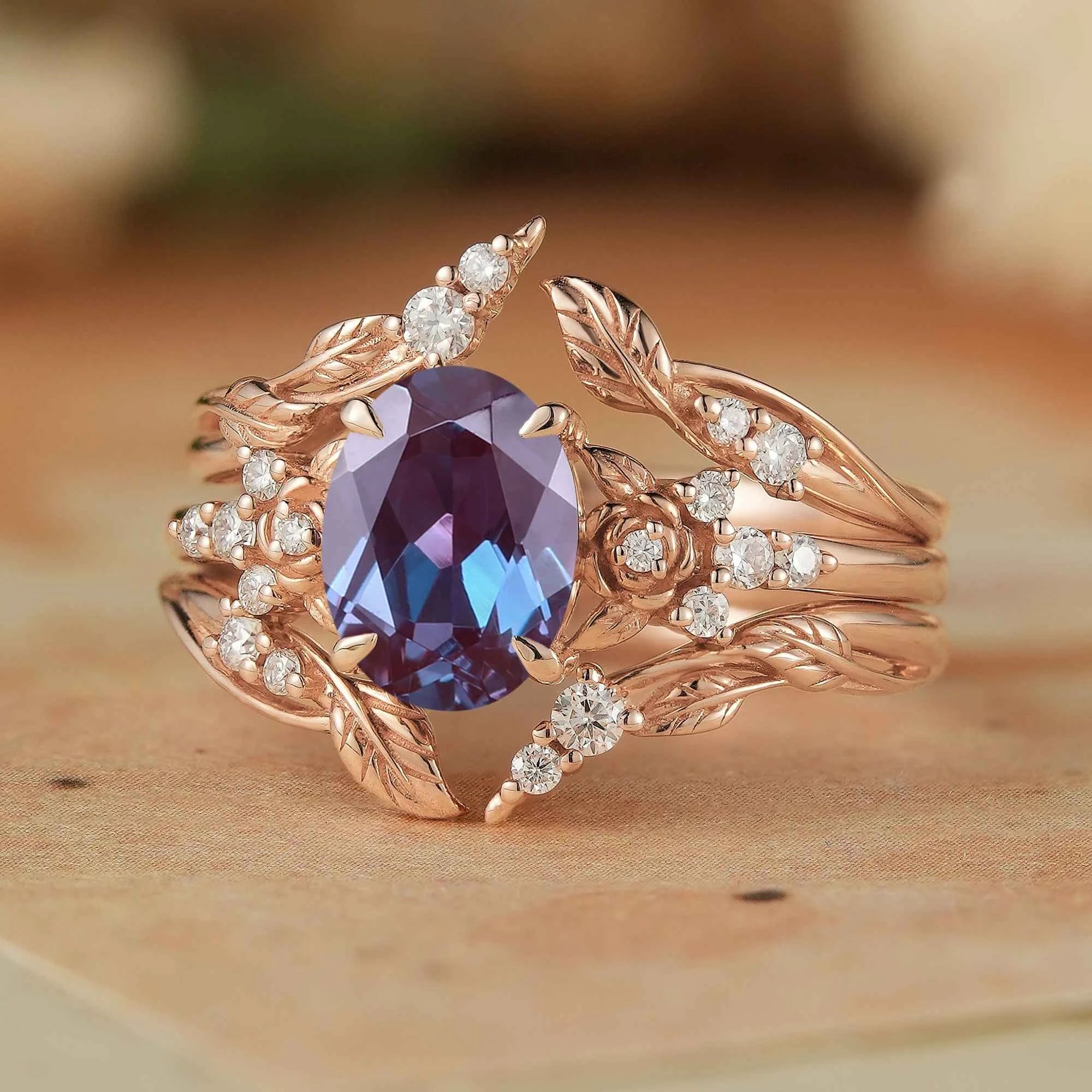 Oval Alexandrite Rose Design Moissanite Ring Set - Maris - GemsMagic
