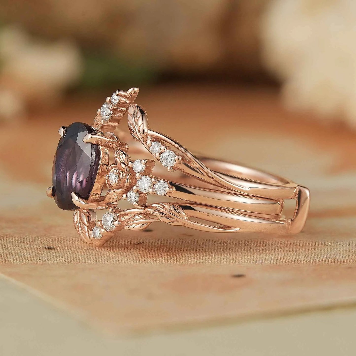 Oval Alexandrite Rose Design Moissanite Ring Set - Maris - GemsMagic