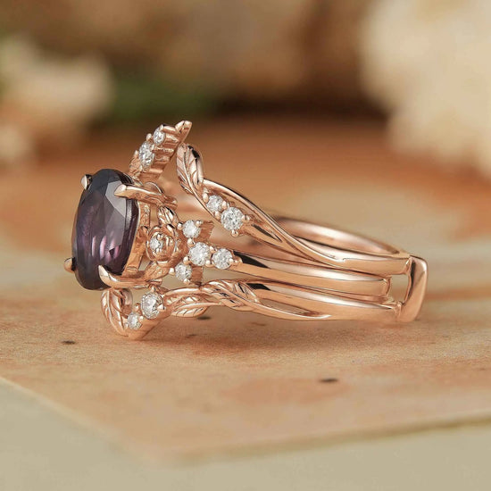 Oval Alexandrite Rose Design Moissanite Ring Set - Maris - GemsMagic