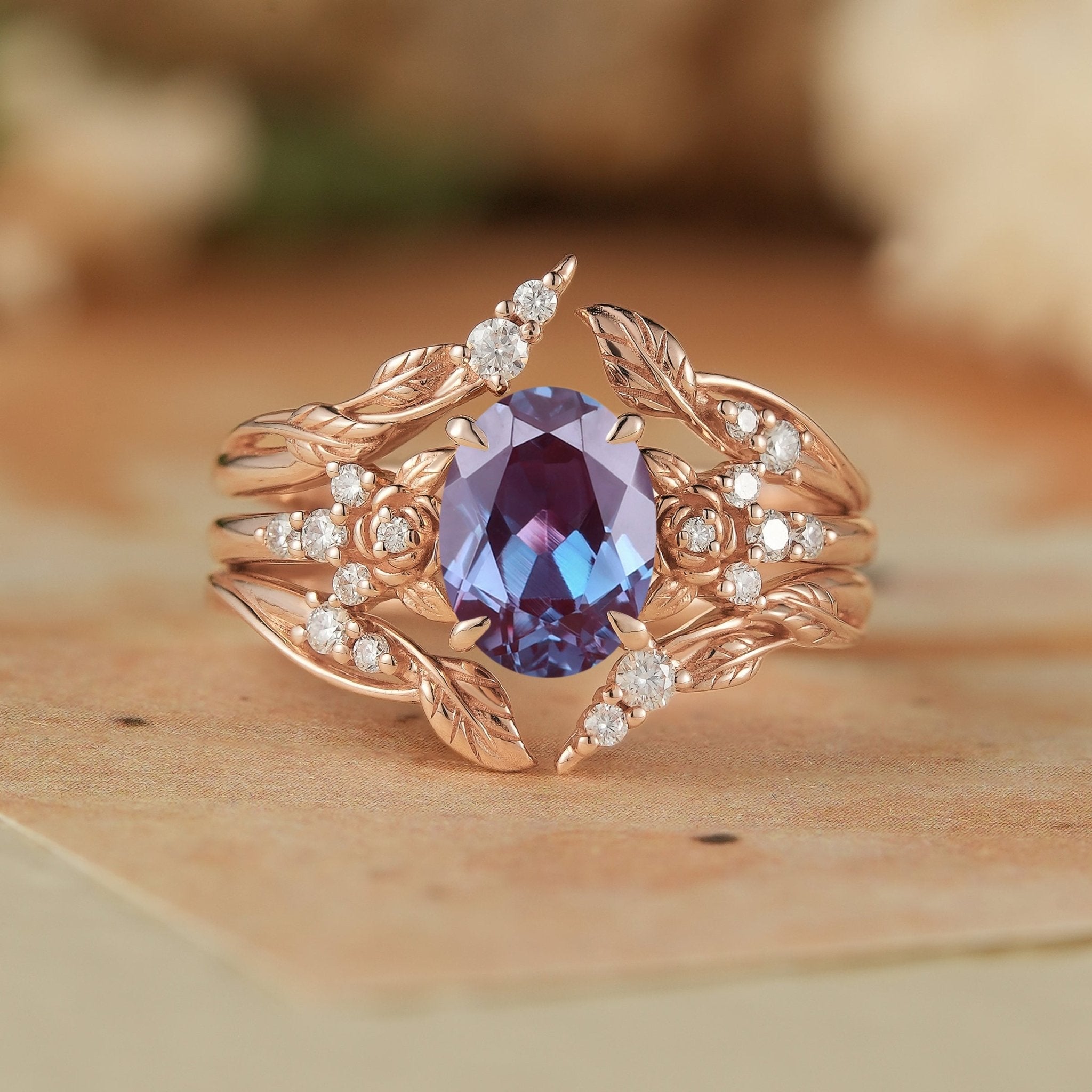 Oval Alexandrite Rose Design Moissanite Ring Set - Maris - GemsMagic