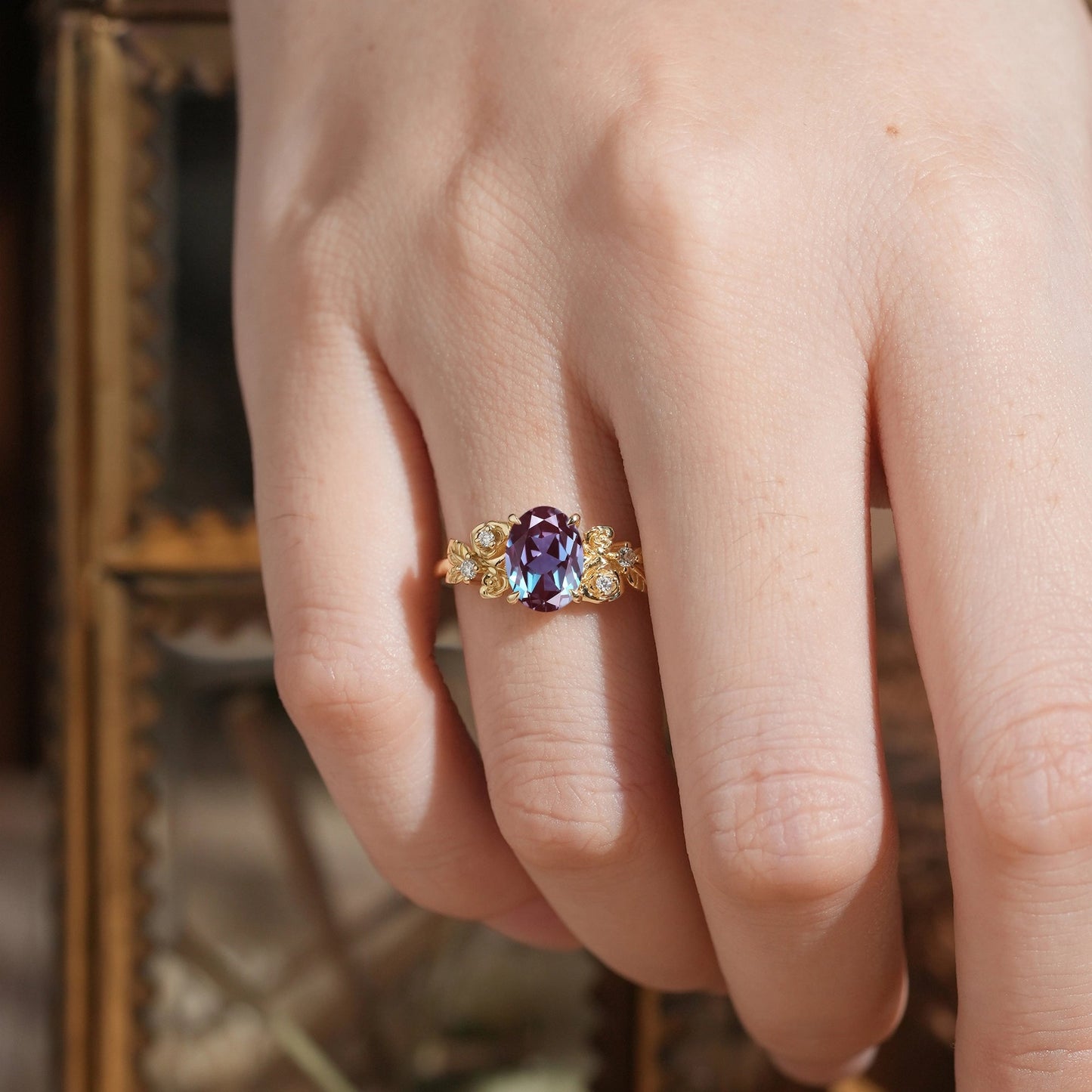 Oval Cut Alexandrite Rose Inspired Engagement Ring - Evangeline - GemsMagic