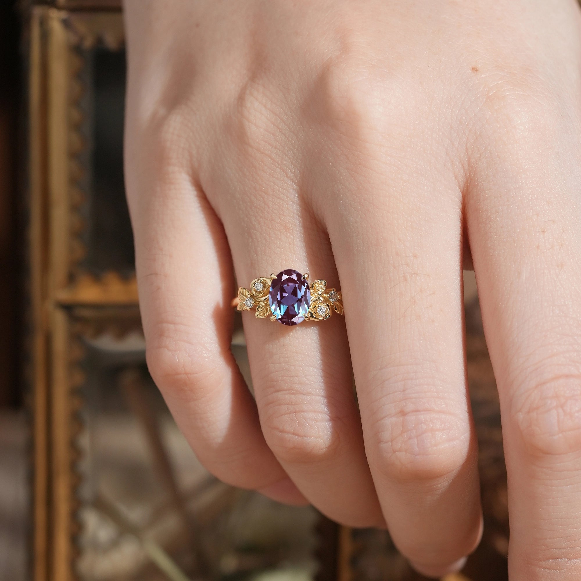 Oval Cut Alexandrite Rose Inspired Engagement Ring - Evangeline - GemsMagic