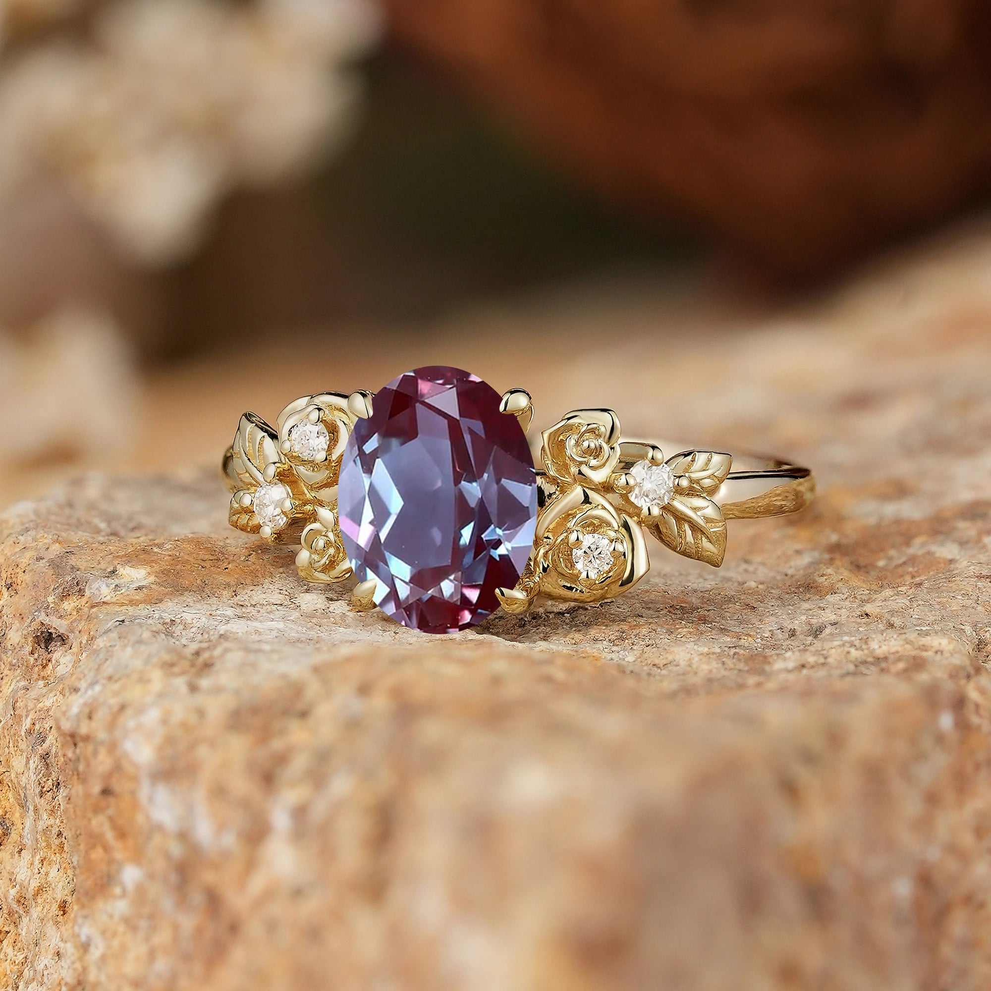 Oval Cut Alexandrite Rose Inspired Engagement Ring - Evangeline - GemsMagic