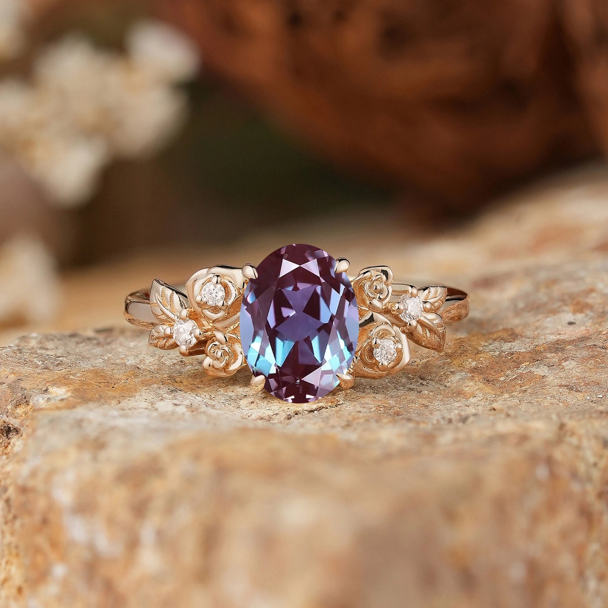 Oval Cut Alexandrite Rose Inspired Engagement Ring - Evangeline - GemsMagic