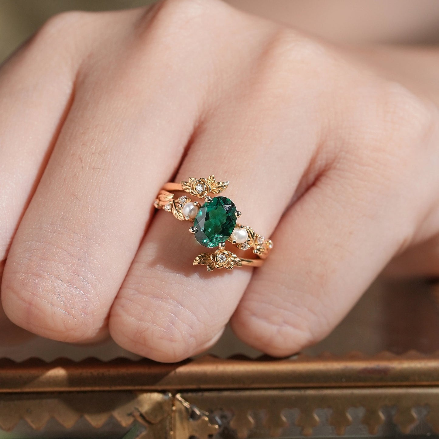 Oval Cut Emerald Ring - Rose Blossom Vine Ring Set | Tessa - GemsMagic