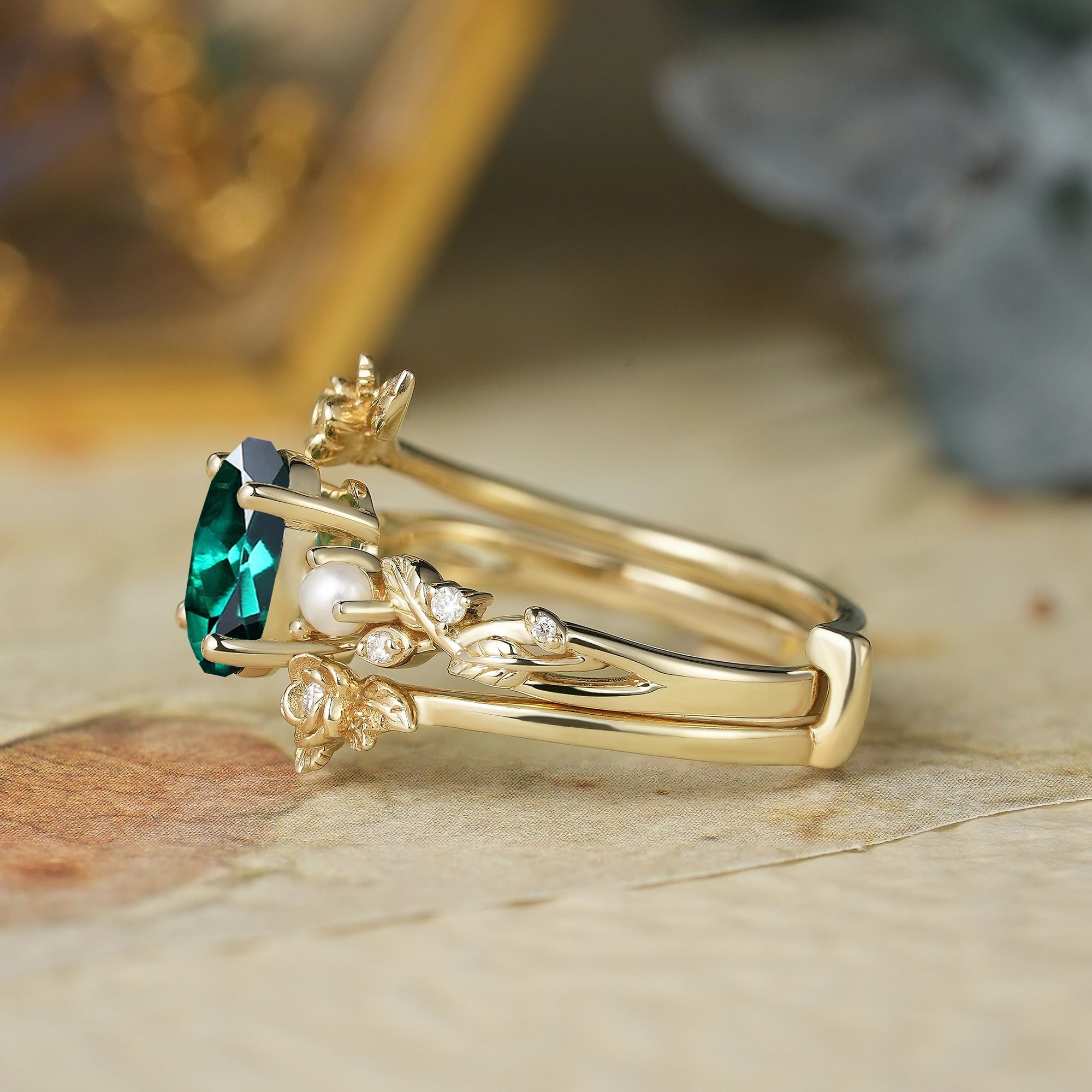 Oval Cut Emerald Ring - Rose Blossom Vine Ring Set | Tessa - GemsMagic