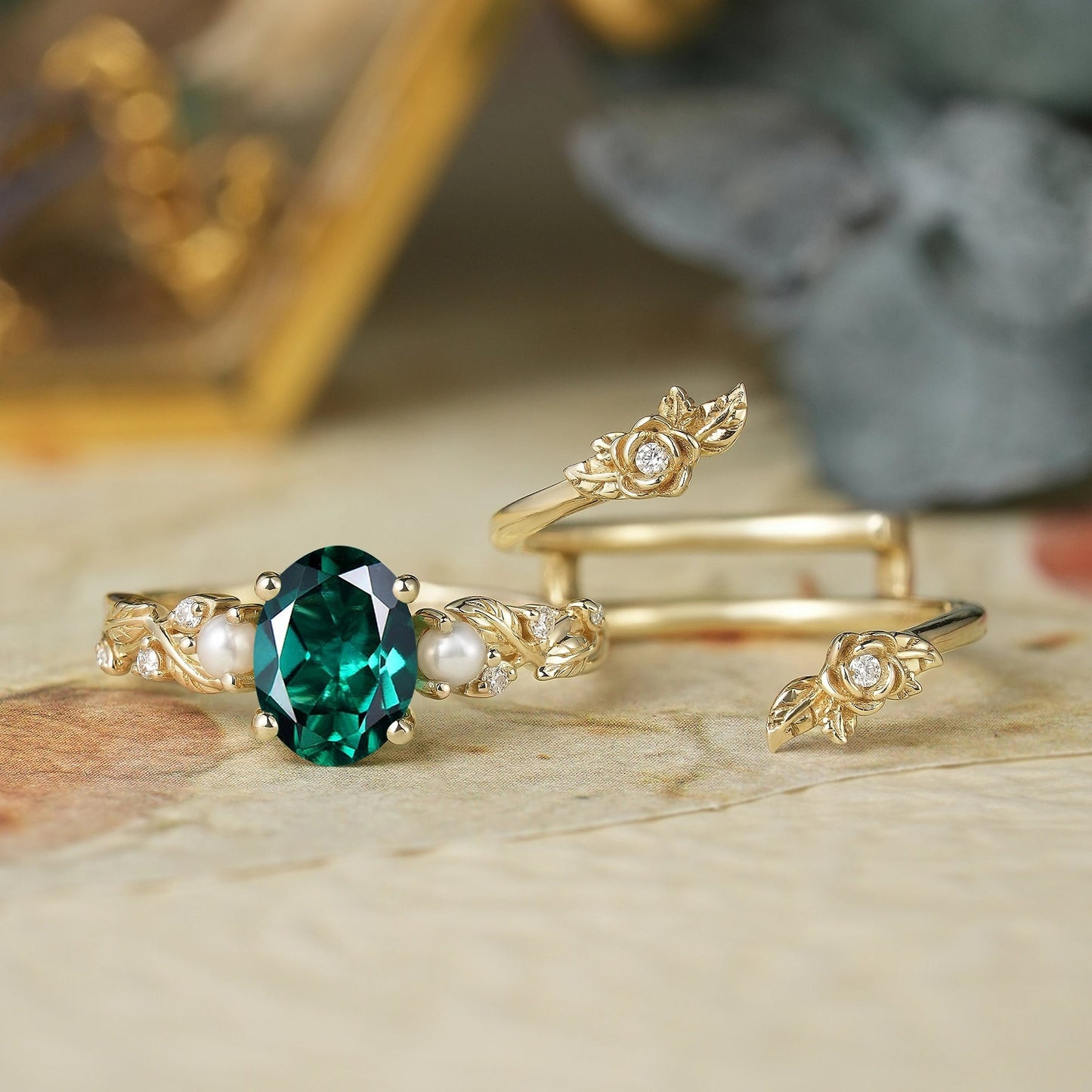 Oval Cut Emerald Ring - Rose Blossom Vine Ring Set | Tessa - GemsMagic