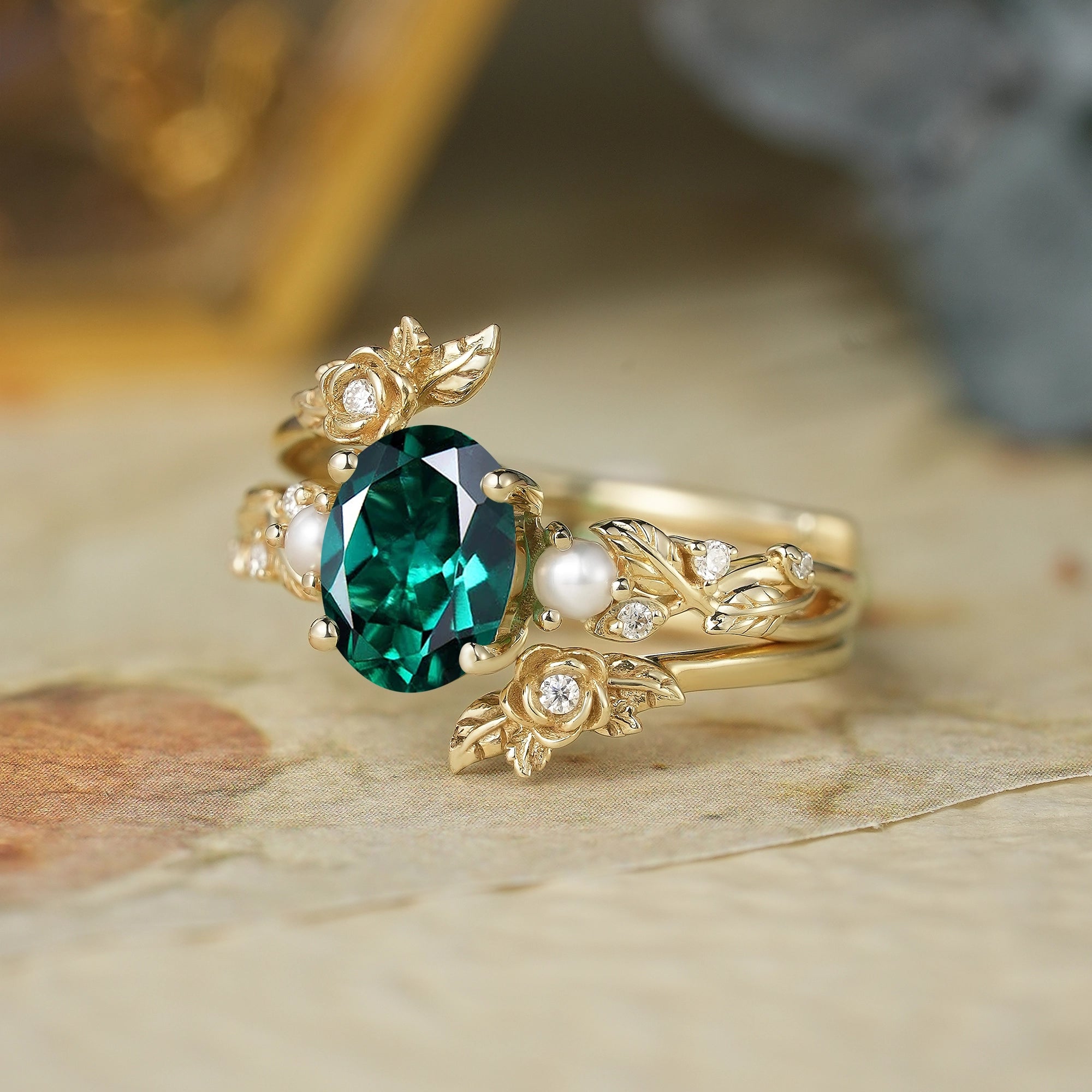 Oval Cut Emerald Ring - Rose Blossom Vine Ring Set | Tessa - GemsMagic