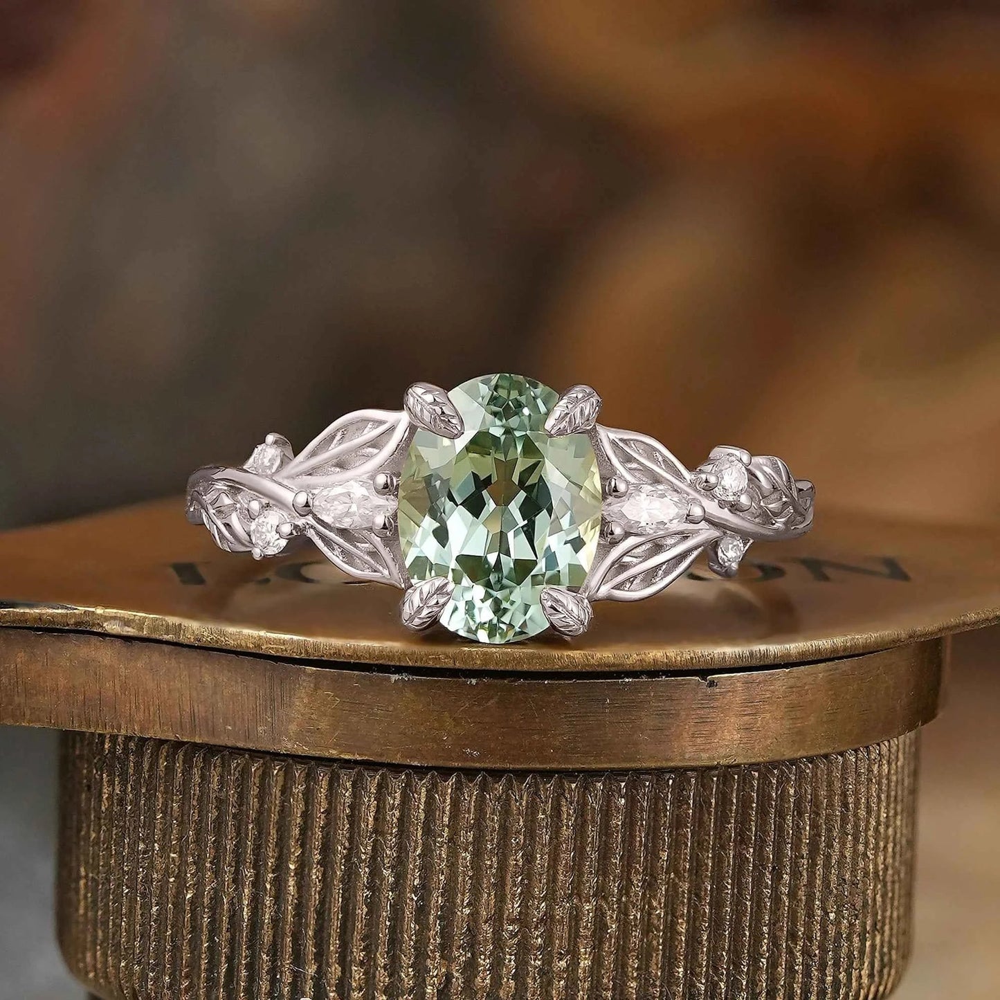 Oval Cut Green Sapphire Leaf Claws Nature Inspired Engagement Ring - GemsMagic