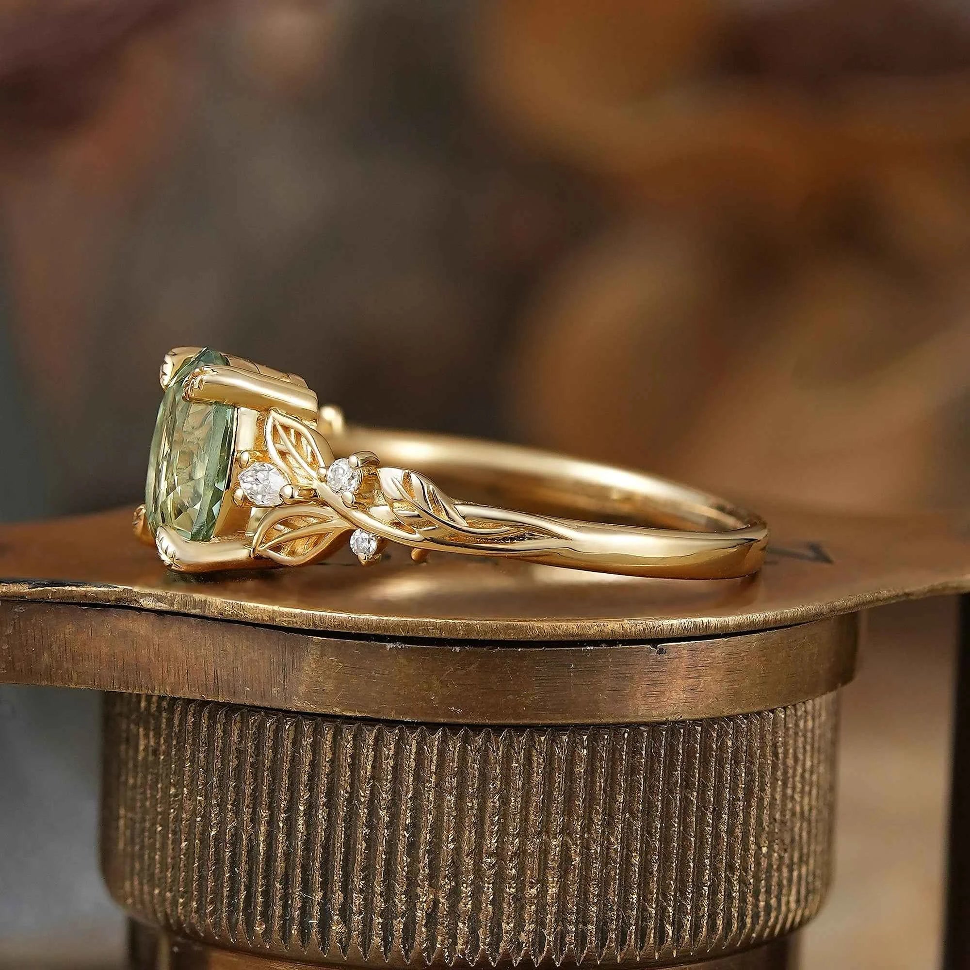 Oval Cut Green Sapphire Leaf Claws Nature Inspired Engagement Ring - GemsMagic