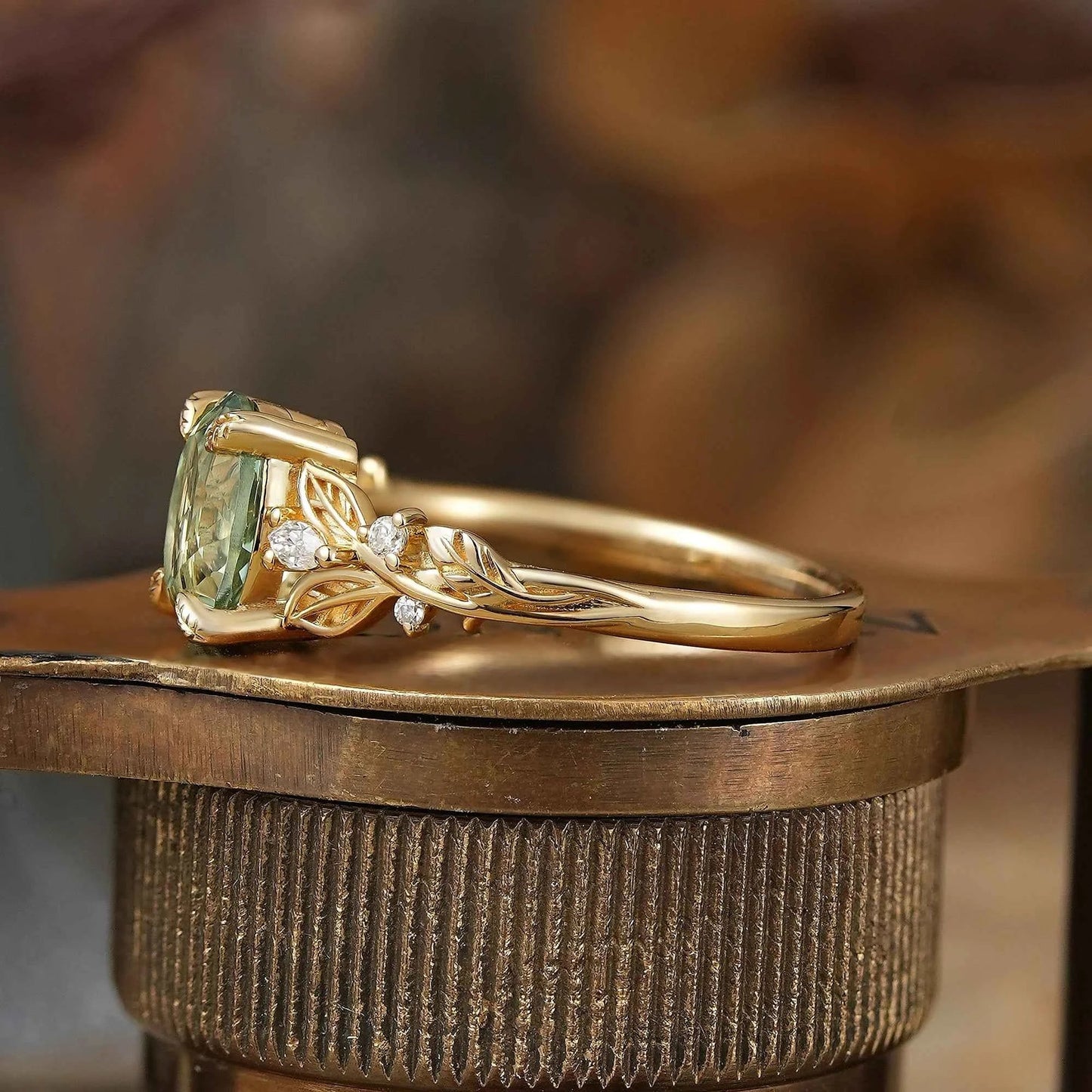 Oval Cut Green Sapphire Leaf Claws Nature Inspired Engagement Ring - GemsMagic