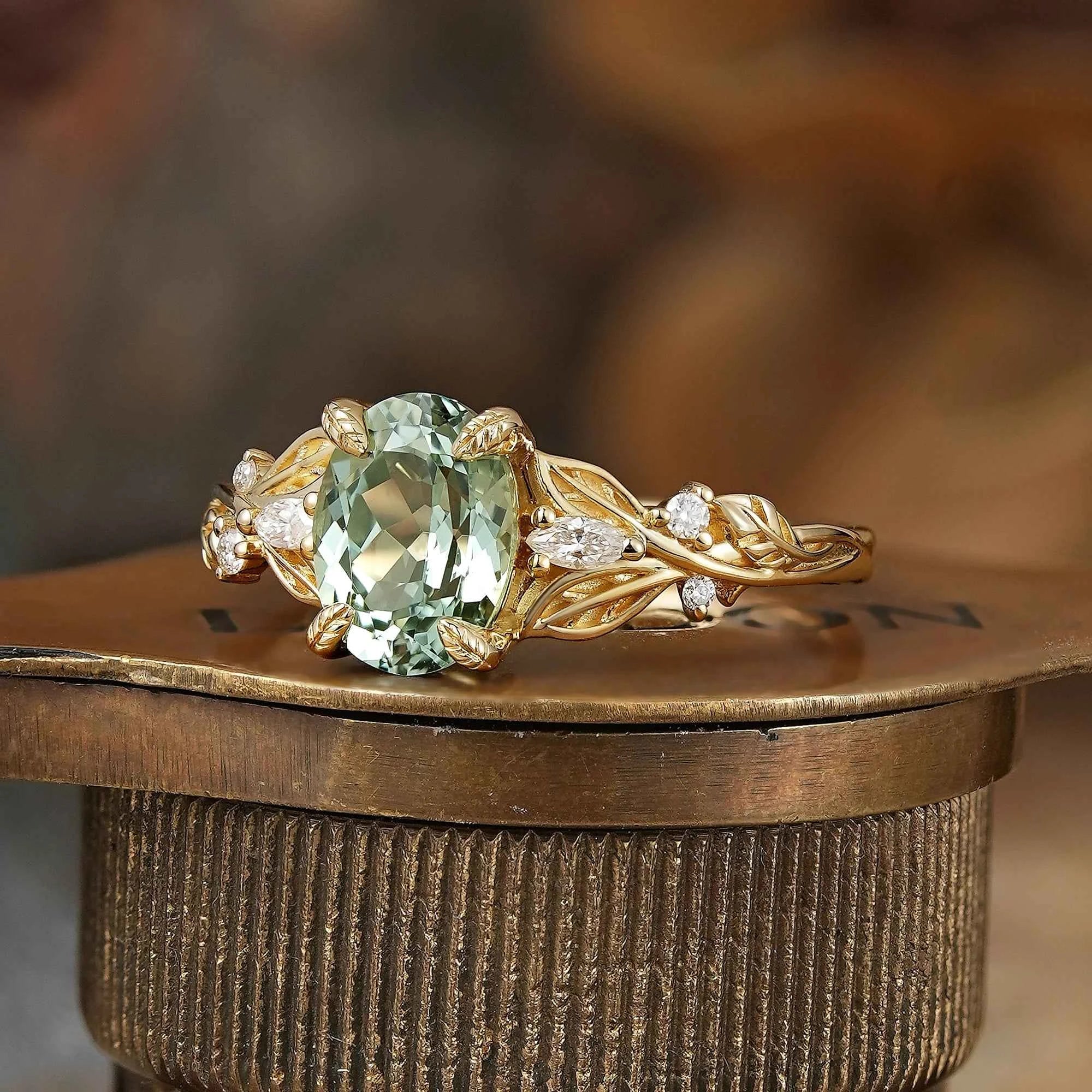 Oval Cut Green Sapphire Leaf Claws Nature Inspired Engagement Ring - GemsMagic