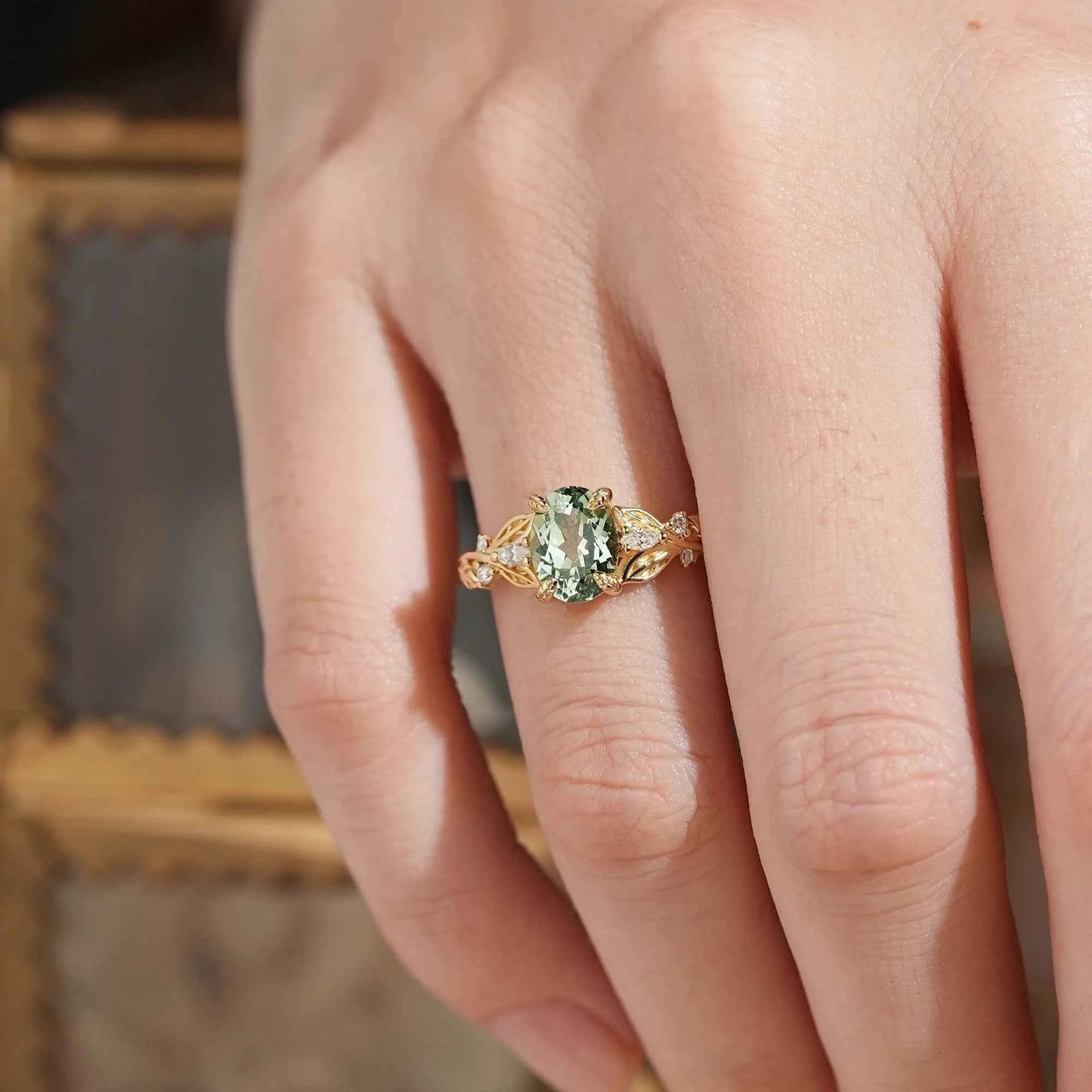 Green Sapphire Oval Cut Leaf Claws Nature Inspired Engagement Ring (925 Silver)