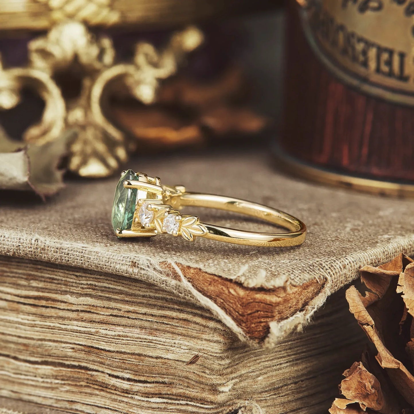 Oval Cut Green Sapphire Leaf Ring - Ailsa - GemsMagic