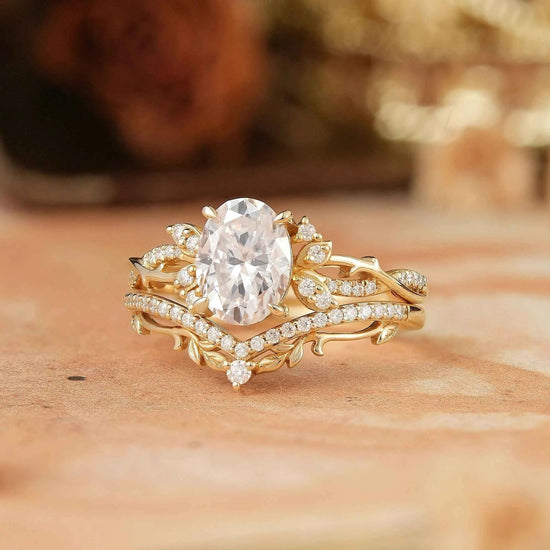 Oval Cut Moissanite Leaf And Vine Inspired Bridal Ring Set - GemsMagic