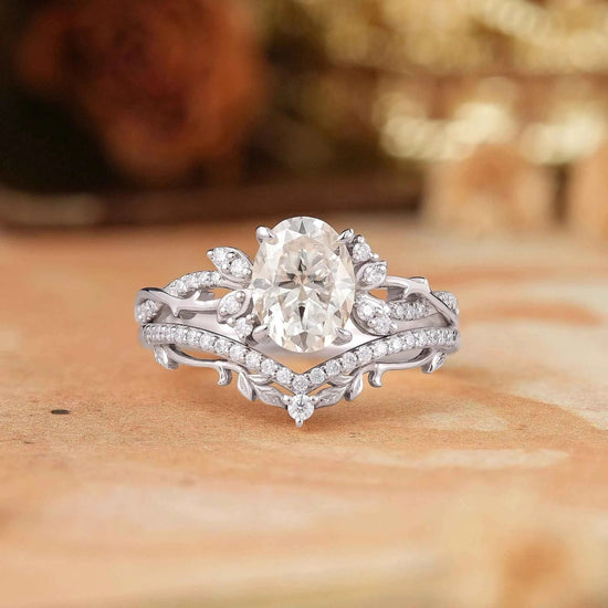 Oval Cut Moissanite Leaf And Vine Inspired Bridal Ring Set - GemsMagic