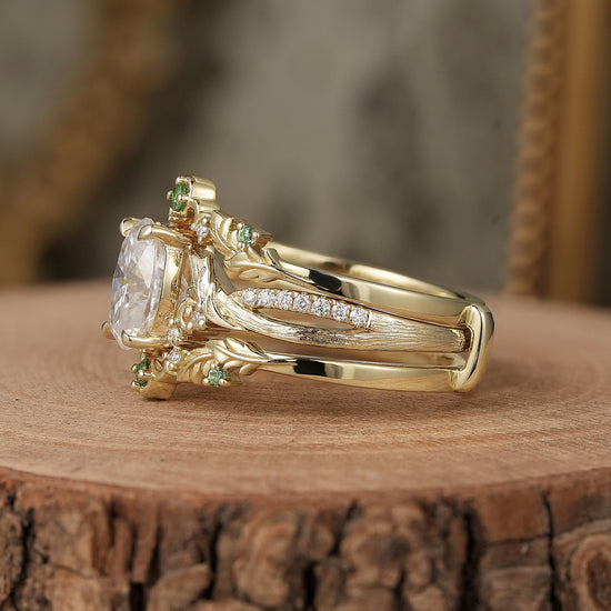 Oval Cut Moissanite Leaf Inspired Enhancer Ring Set - Sage - GemsMagic