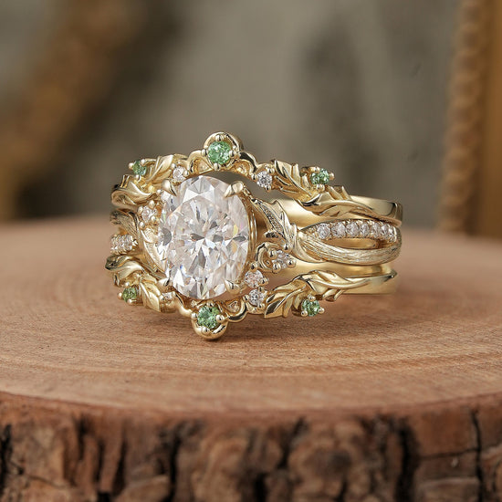 Oval Cut Moissanite Leaf Inspired Enhancer Ring Set - Sage - GemsMagic