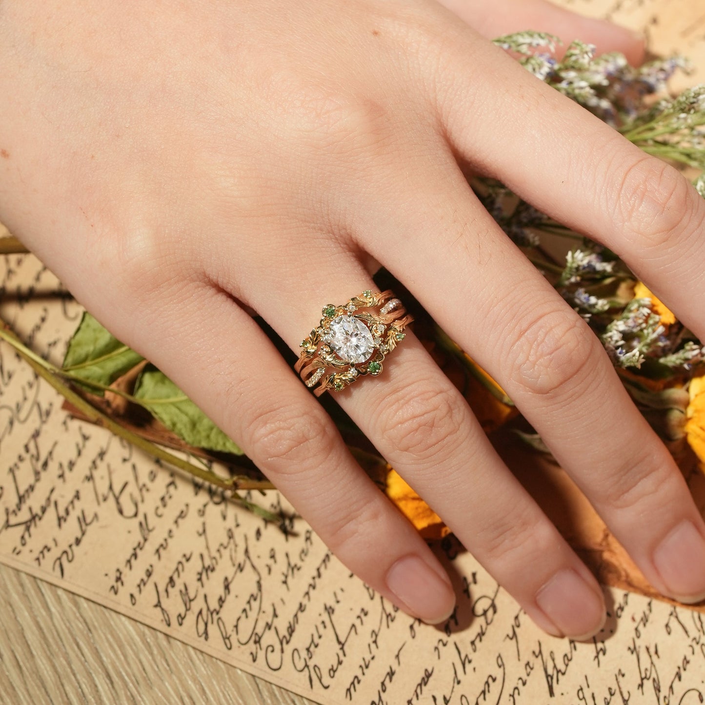 Oval Cut Moissanite Leaf Inspired Enhancer Ring Set - Sage - GemsMagic