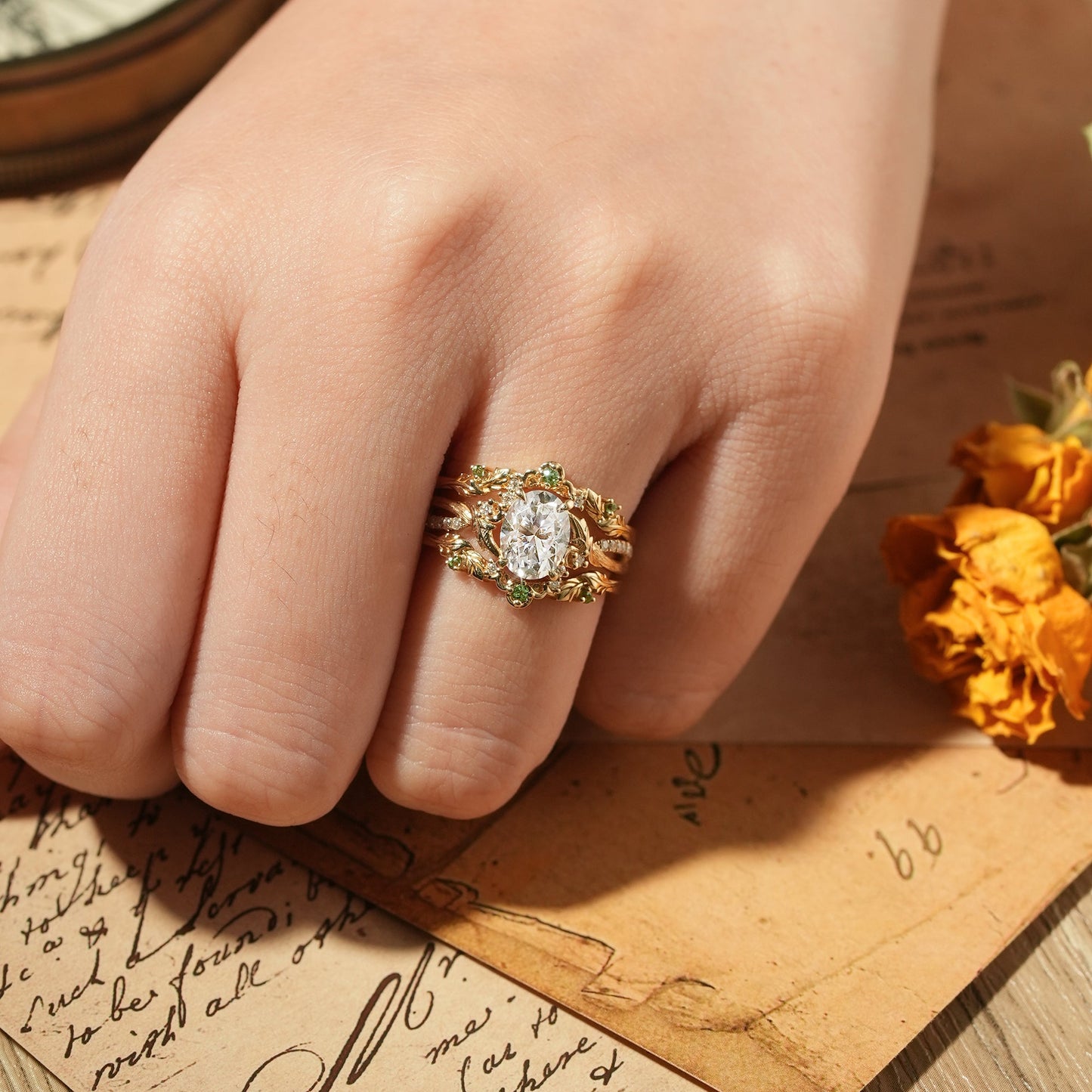 Oval Cut Moissanite Leaf Inspired Enhancer Ring Set - Sage - GemsMagic