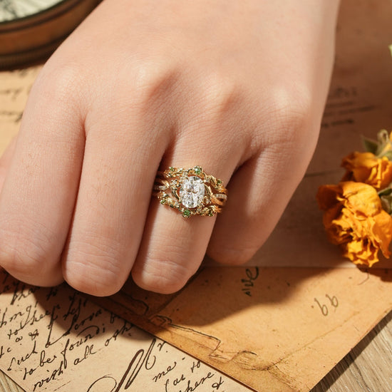 Oval Cut Moissanite Leaf Inspired Enhancer Ring Set - Sage - GemsMagic