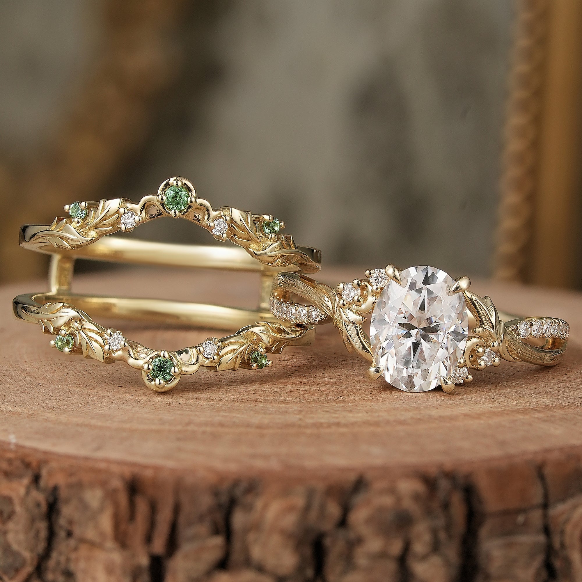 Oval Cut Moissanite Leaf Inspired Enhancer Ring Set - Sage - GemsMagic