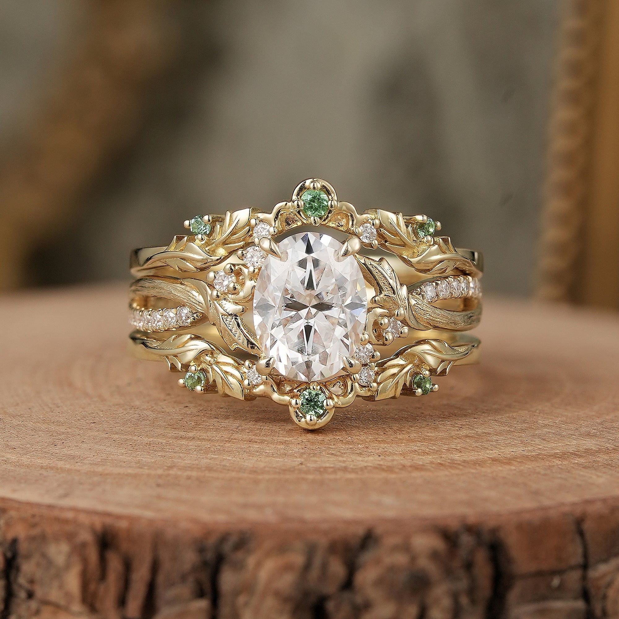 Oval Cut Moissanite Leaf Inspired Enhancer Ring Set - Sage - GemsMagic