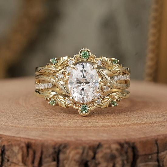 Oval Cut Moissanite Leaf Inspired Enhancer Ring Set - Sage - GemsMagic