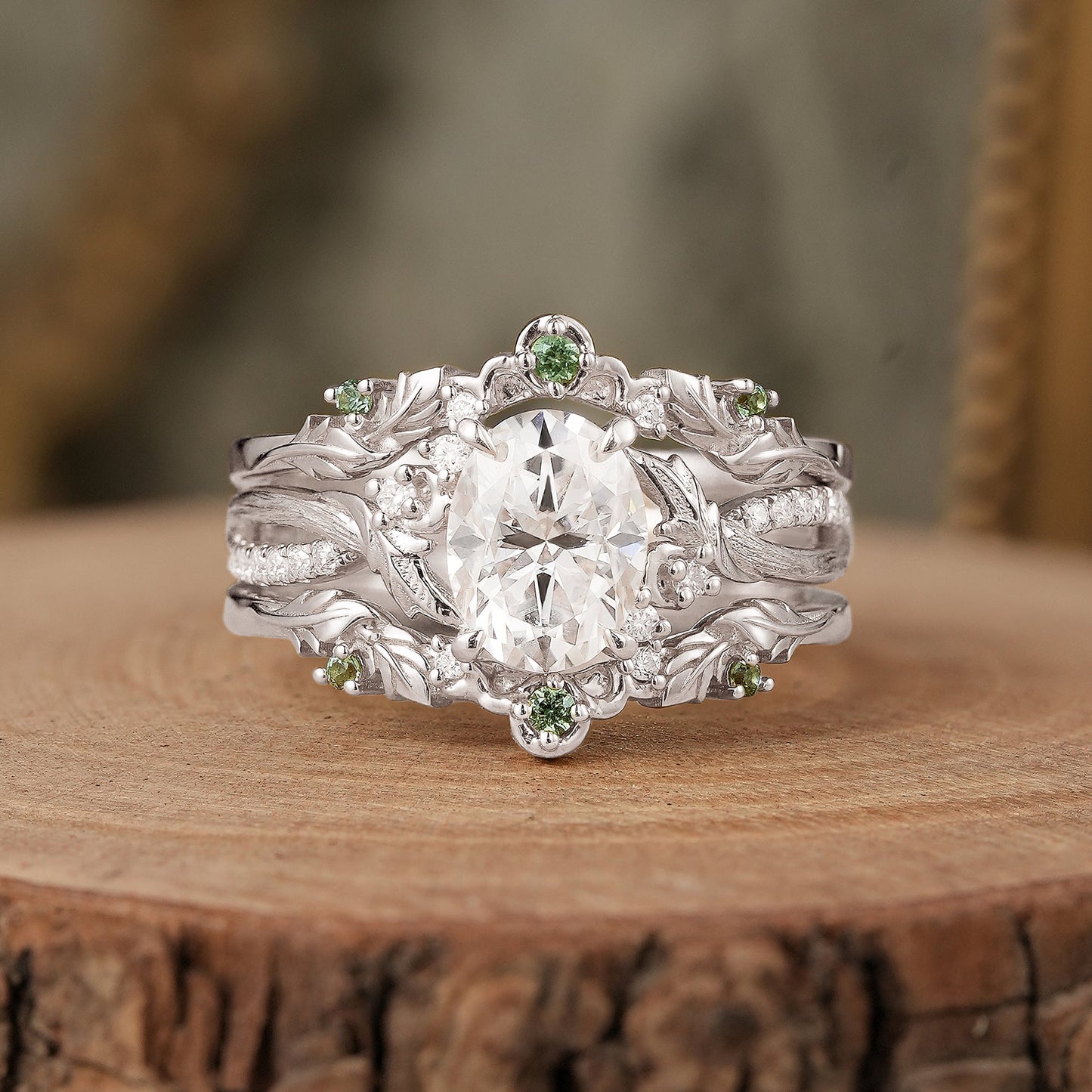 Oval Cut Moissanite Leaf Inspired Enhancer Ring Set - Sage - GemsMagic