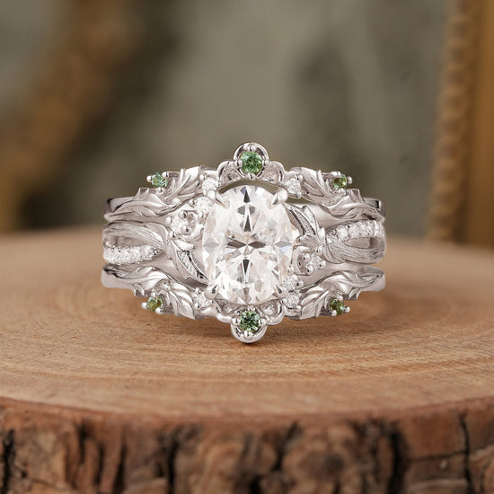 Oval Cut Moissanite Leaf Inspired Enhancer Ring Set - Sage - GemsMagic