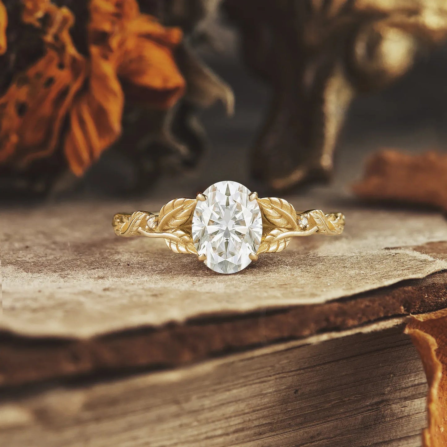 Oval Cut Moissanite Leaf Ring - Beata - GemsMagic