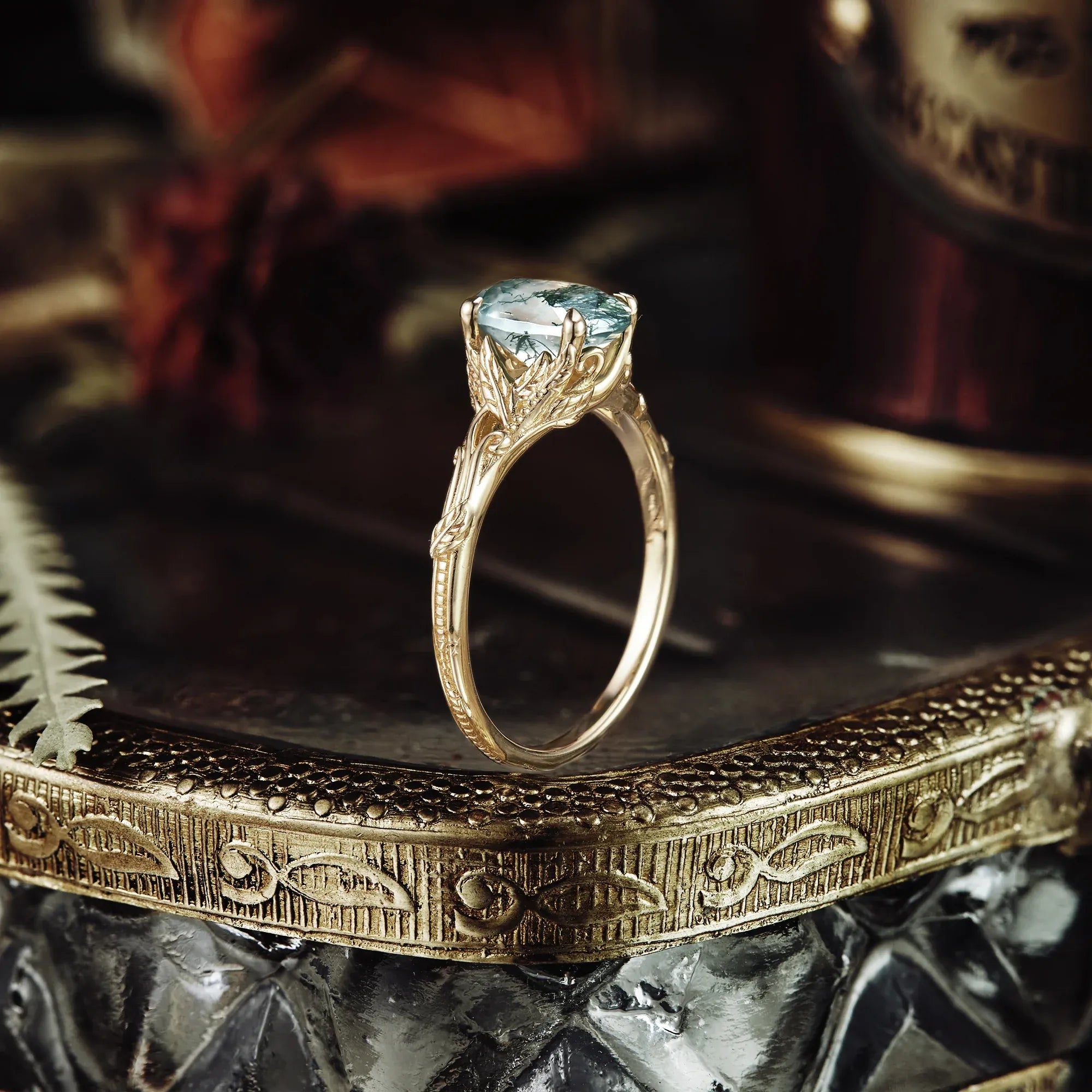 Oval Cut Moss Agate Leaf and Filigree Ring - Isla - GemsMagic