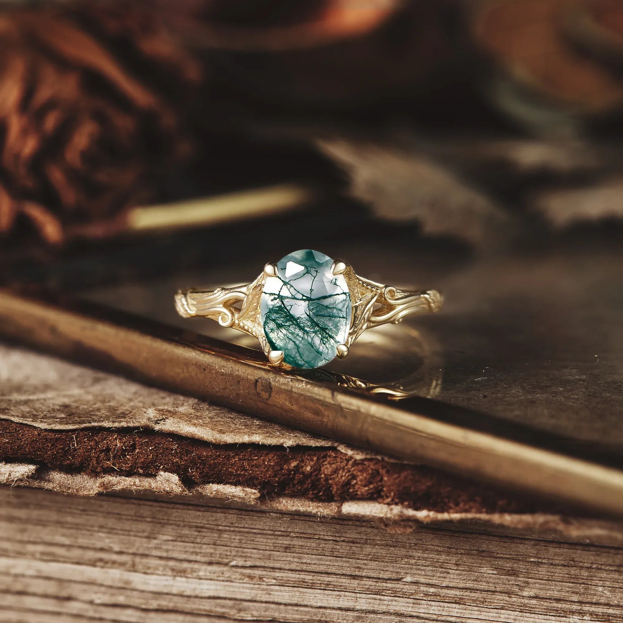 Oval Cut Moss Agate Leaf and Filigree Ring