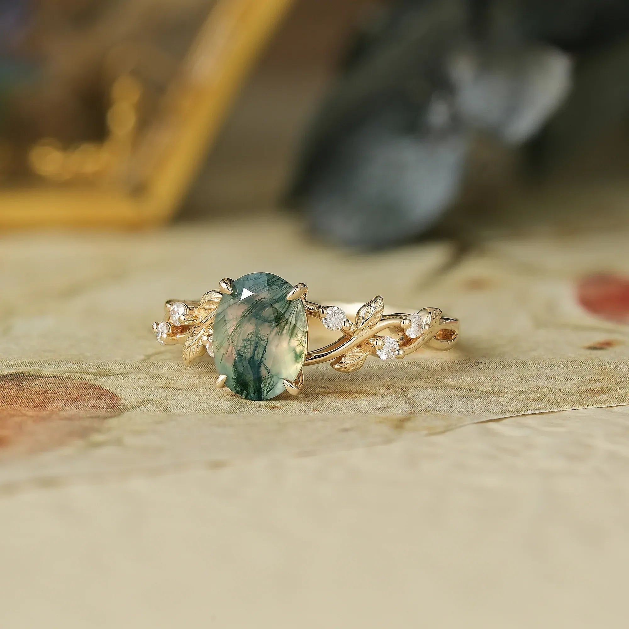 Oval Cut Moss Agate Leaf Engagement Ring - Mabel - GemsMagic - GemsMagic