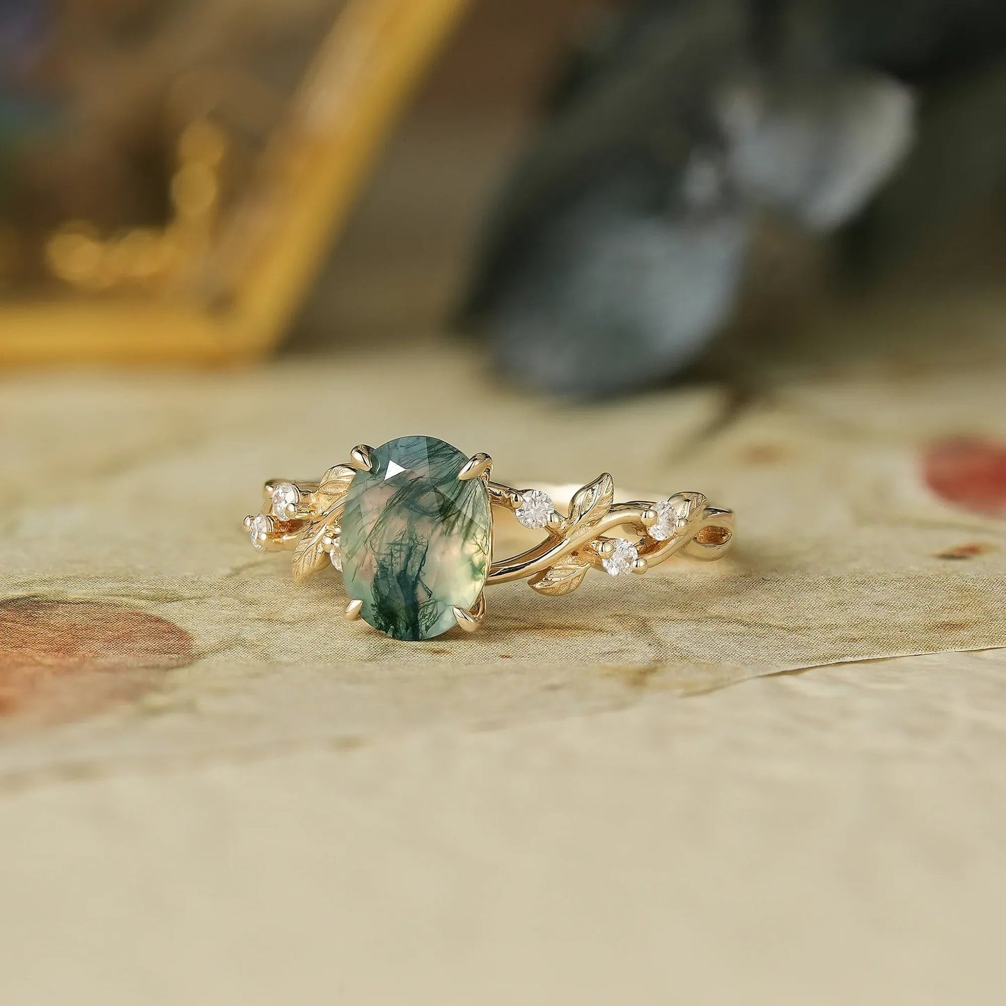Oval Cut Moss Agate Leaf Engagement Ring - Mabel - GemsMagic - GemsMagic