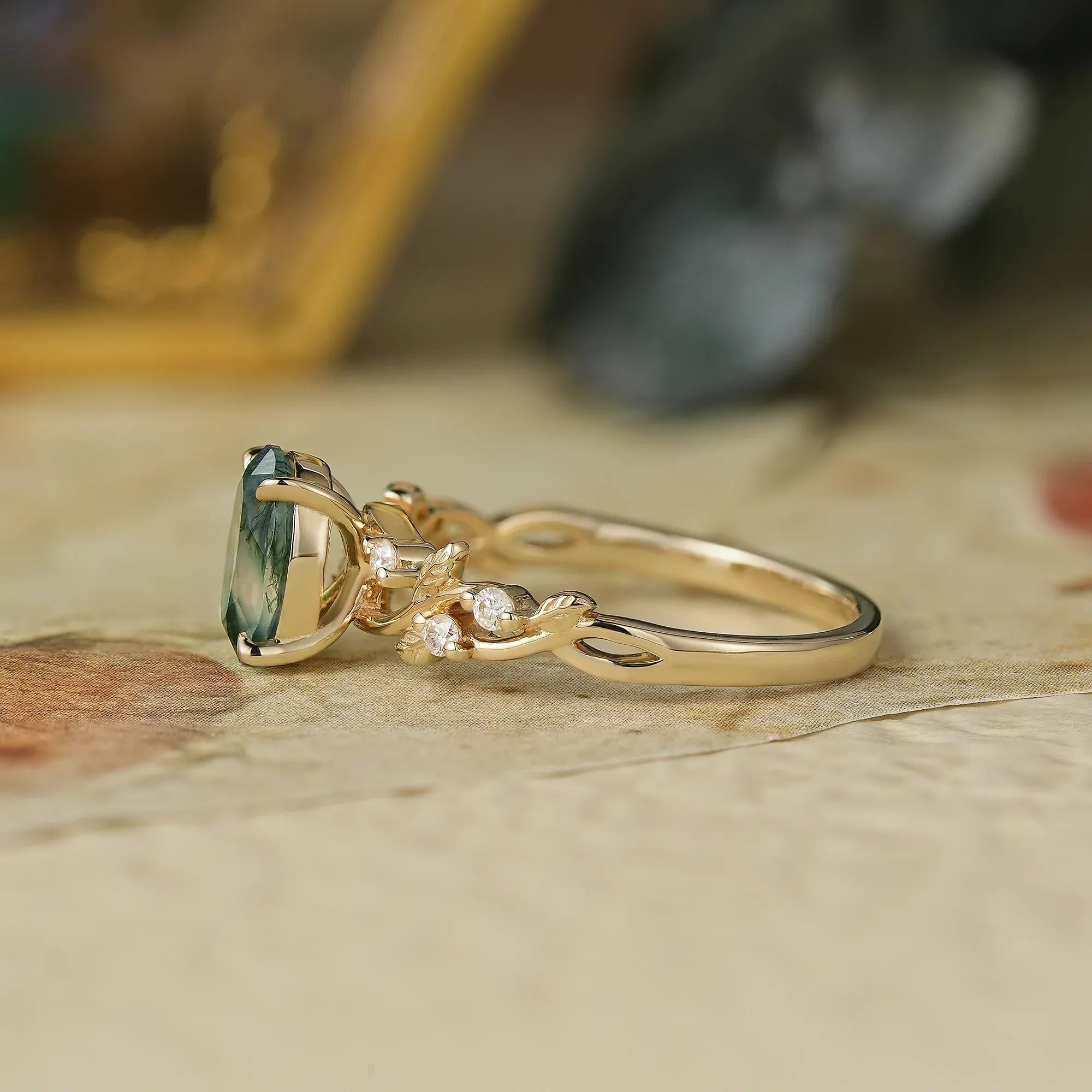 Oval Cut Moss Agate Leaf Engagement Ring - Mabel - GemsMagic - GemsMagic