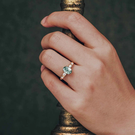 Oval Cut Moss Agate Leaf Inspired Elven Engagement Ring - GemsMagic