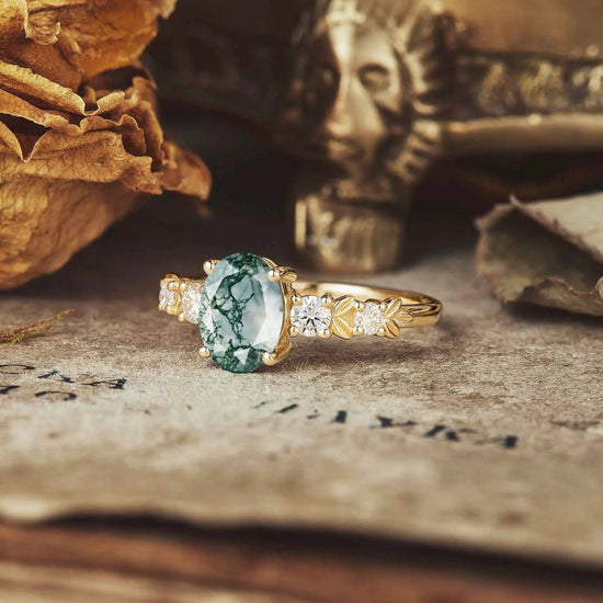 Oval Cut Moss Agate Leaf Inspired Elven Engagement Ring - GemsMagic